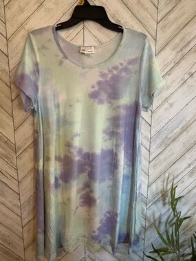 Tie-Dye Short Sleeve Mini Dress - Lavender & Mint
